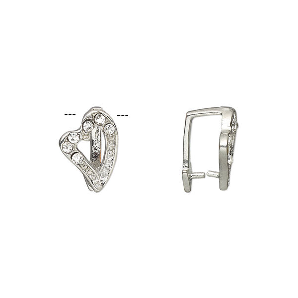 Bail, ice-pick, Egyptian glass rhinestone and imitation rhodium-plated brass, clear, 13x9mm heart, 9mm grip length. Sold per pkg of 6. image number 0