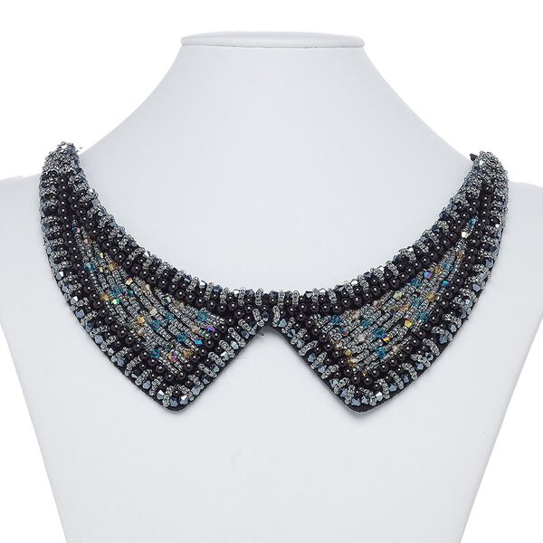 Necklace, collar, polyester / plastic / glass, multicolored, 2-1/2 inches wide, 29-1/2 inches with tie closure. Sold individually. image number 0