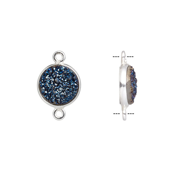 Link, titanium- / electro-coated druzy agate (coated) / sterling silver, cobalt, 11mm hand-cut single-sided flat round. Sold individually. image number 0