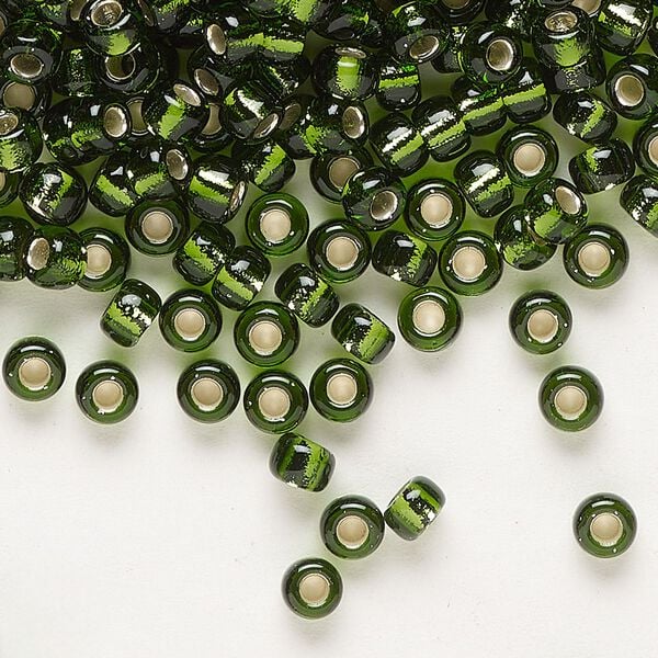 Seed bead, Miyuki, glass, pkg/25g, #6 rocaille, transparent silver-lined olive green (RR-26). image number 0