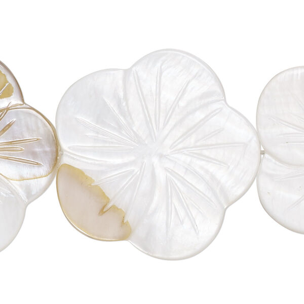 Bead, mother-of-pearl shell (natural / bleached), 27x26mm-31x30mm carved flower with 0.6-0.8mm hole, Mohs hardness 3-1/2. Sold per 15-inch strand. image number 0