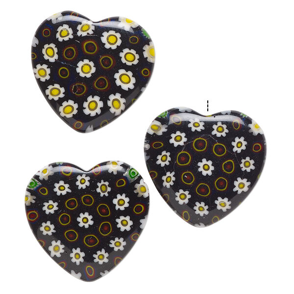 Bead, millefiori glass, translucent multicolored, 24-26mm half-drilled puffed heart with flower design. Sold per pkg of 3. image number 0