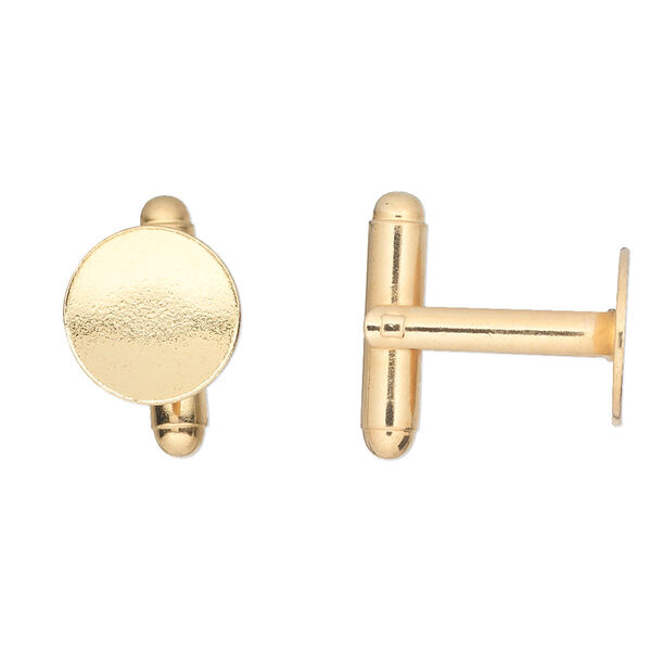 Cuff link, gold-finished brass, 12mm flat round pad. Sold per pkg of 2 pairs. image number 0