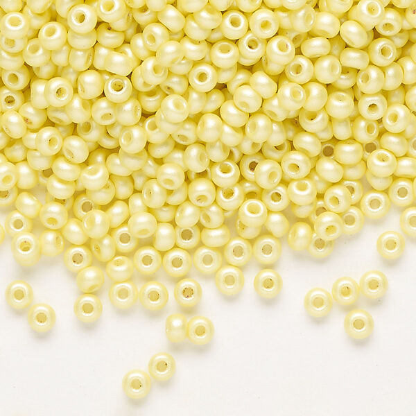 Seed bead, Preciosa Ornela Czech glass, pkg/50g, #8 rocaille, opaque PermaLux dyed yellow chalkwhite, (22001). image number 0