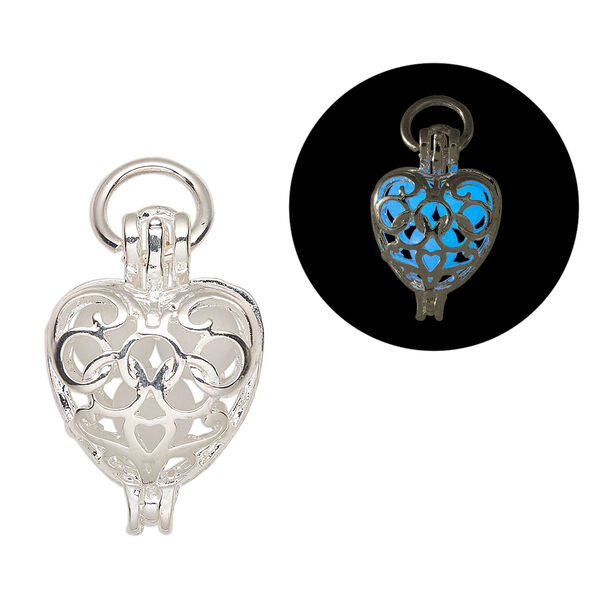 Drop, silver-finished "pewter" (zinc-based alloy) and polystyrene, white glow-in-the-dark, 23.5x16mm heart. Sold per pkg of 2. image number 0