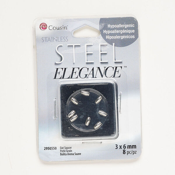 Bead, silver-finished stainless steel, 6x3mm oval. Sold per pkg of 8. image number 0
