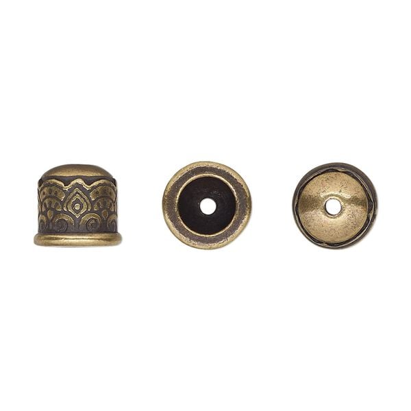 Cord end, TierraCast®, antique brass-plated pewter (tin-based alloy), 9mm with temple design, 5.7mm inside diameter. Sold per pkg of 2. image number 0