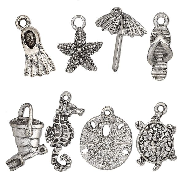 Charm set, antiqued pewter (tin-based alloy), 16.5x5.5mm-25x17mm sand and sea theme. Sold per 8-piece set. image number 0