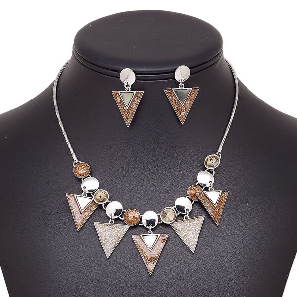 Necklace and earring set, black lip shell (natural) / enamel / glass / stainless steel / imitation rhodium-plated brass / steel / "pewter" (zinc-based alloy), copper / gold / topaz yellow, triangle, 15" to 16" necklace with 2-inch extender chain and lobster claw clasp, 35mm earrings with post. Sold per set. image number 0
