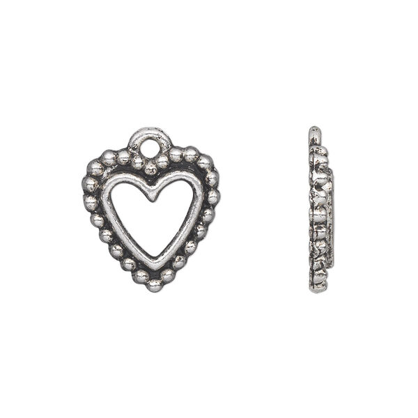 Charm, antique silver-plated "pewter" (zinc-based alloy), 15x14mm single-sided beaded open heart. Sold per pkg of 20. image number 0