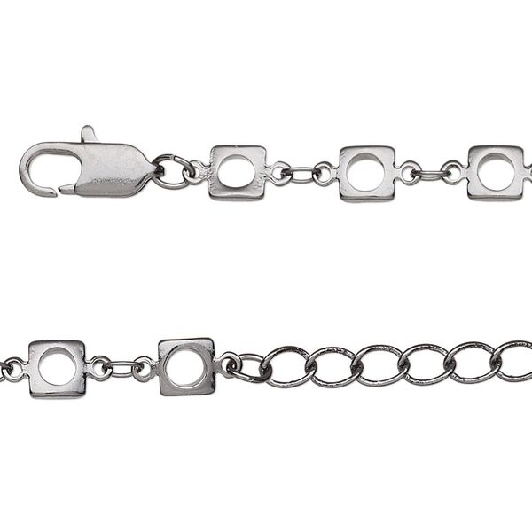 Chain, gunmetal-finished brass, 3x2mm oval and 5x5mm open square, 16 inches with 1-1/4 inch extender chain and lobster claw clasp. Sold individually. image number 0