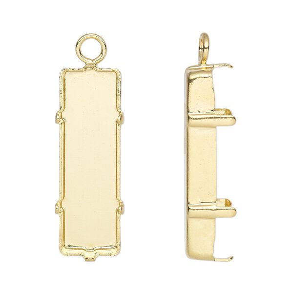 Drop, gold-plated brass, 25x9mm rectangle with closed loop and 24x8mm 6-prong faceted rectangle setting (4547) with closed back. Sold per pkg of 4. image number 0