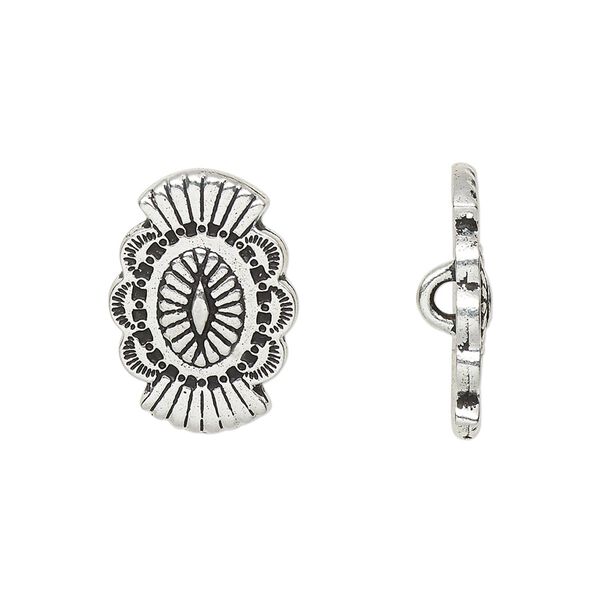 Button, TierraCast®, "Western Winds" collection, antique silver-plated pewter (tin-based alloy), 20x14mm with concho design and loop. Sold per pkg of 20. image number 0