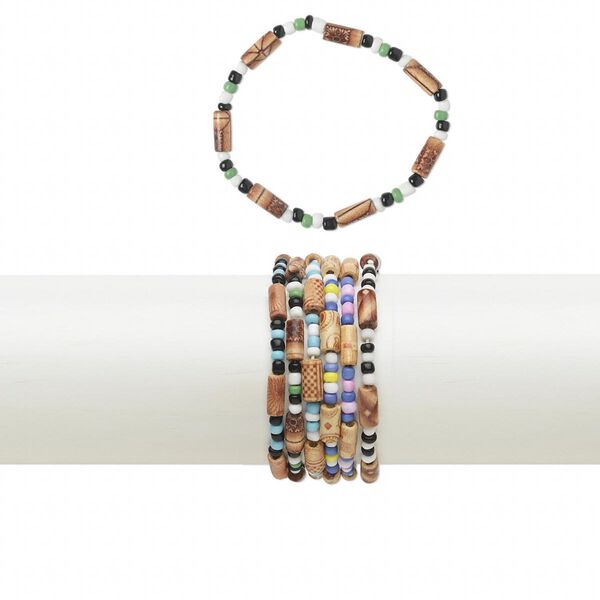 Bracelet mix, stretch, wood (coated) / acrylic / glass / ceramic, multicolored, 5mm wide, 6-1/2 inches. Sold per pkg of 10. image number 0