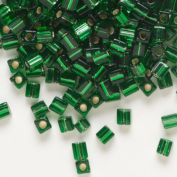 Seed bead, Miyuki, glass, pkg/250g, 3.5-3.7mm square, transparent silver-lined green (SB-16). image number 0