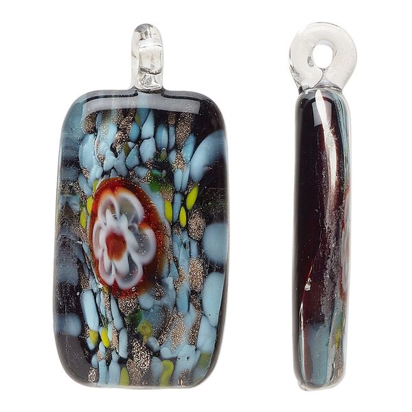 Focal, lampworked glass, multicolored, 36x20mm-40x23mm rectangle with millefiori flower and copper-colored glitter. Sold individually. image number 0
