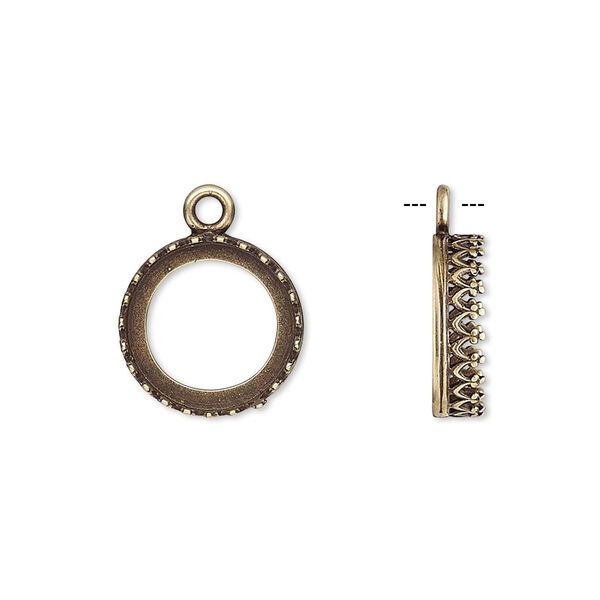 Drop, JBB Findings, antiqued brass, 13.5mm round with open back and decorative trim, 12mm round bezel setting. Sold per pkg of 2. image number 0
