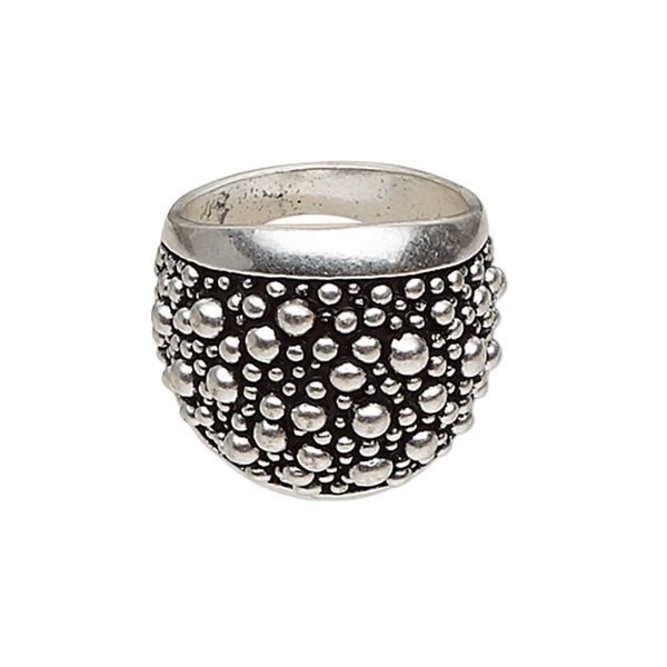 Ring, antique silver-plated "pewter" (zinc-based alloy), 23mm wide with raised beaded pattern, size 8. Sold individually. image number 0