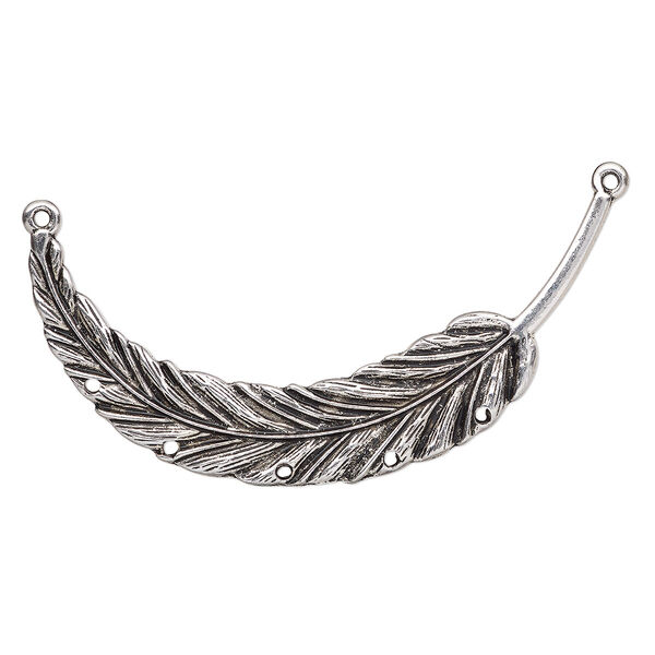 Connector, antique silver-finished "pewter" (zinc-based alloy), 3-1/4 x 1-1/2 inch single-sided curved feather with 5 holes and 2 loops. Sold individually. image number 0