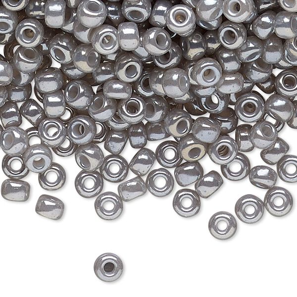 Seed bead, Miyuki, glass, pkg/25g, #6 rocaille, translucent glazed luster silver grey, (RR-526). image number 0