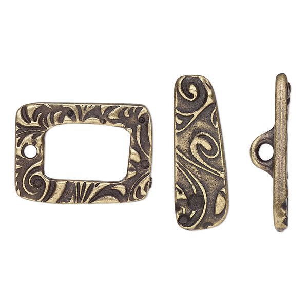 Clasp, TierraCast®, "Vida Mas Dulce" collection, toggle, antique brass-plated pewter (tin-based alloy), 20x15mm rectangle with jardin design. Sold per pkg of 10. image number 0