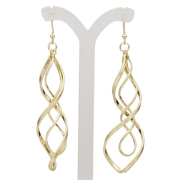 Earring, gold-finished brass and steel, 3 inches with scratched double helix and fishhook ear wire. Sold per pair. image number 0