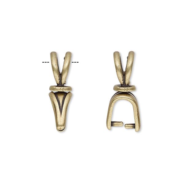 Bail, JBB Findings, ice-pick, antique brass-plated pewter (tin-based alloy), 19x5mm double-sided shield with lines and swivel, 6mm grip length. Sold individually. image number 0