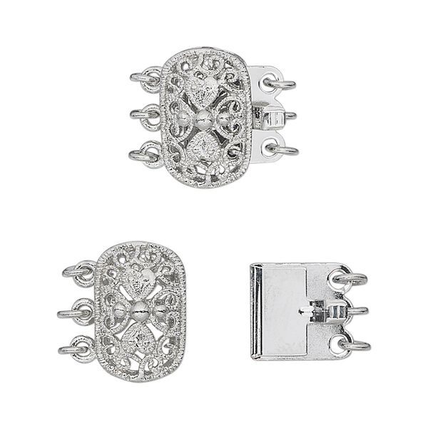 Clasp, 3-strand tab, antique silver-plated brass, 15x9mm filigree oval. Sold per pkg of 4. image number 0