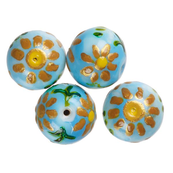 Bead, lampworked glass, opaque white / turquoise blue / metallic gold, 15-13mm round with painted flower design. Sold per pkg of 4. image number 0