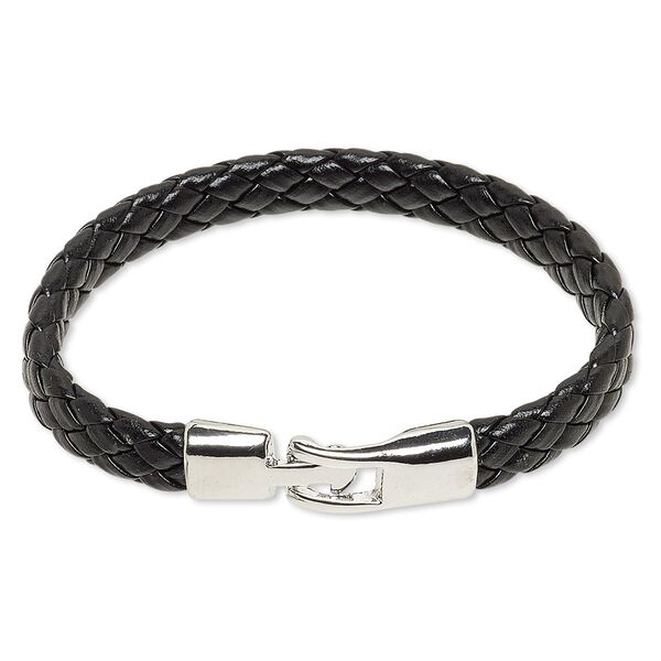 Bracelet, leather (dyed) and imitation rhodium-plated "pewter" (zinc-based alloy), black, 18mm wide woven, 7 inches with buckle-style clasp. Sold individually. image number 0