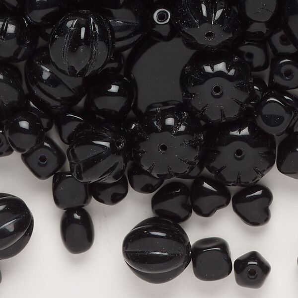 Bead mix, glass, opaque black, 4mm-30x13mm mixed shapes. Sold per 100 gram pkg, approximately 310 beads. image number 0