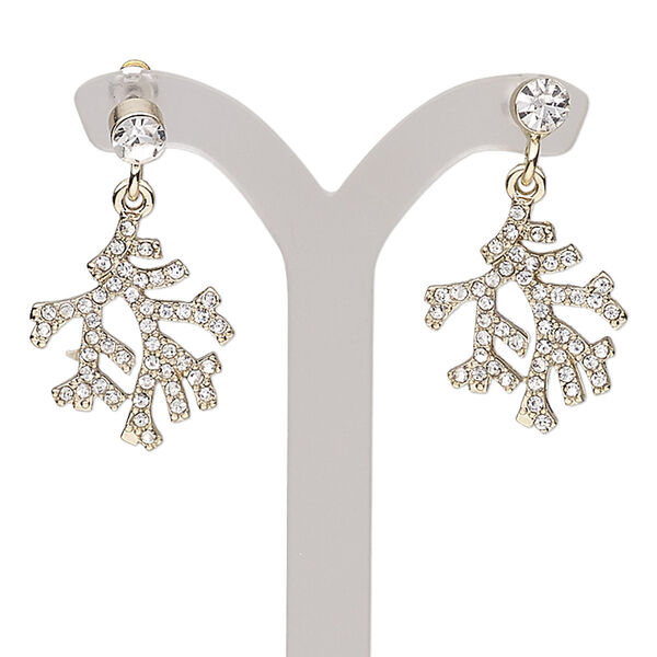 Earring, glass rhinestone with gold-finished brass and "pewter" (zinc-based alloy), clear, 33mm with branch and post. Sold per pair. image number 0