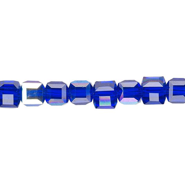 Bead 1pk 18 facets translucent cobalt blue AB, Celestial Crystal® 6mm cube 15.5-16 inch image number 0