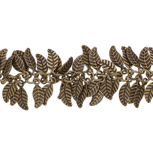 Chain, antique brass-plated brass, 7x3.5mm double-sided leaf. Sold per pkg of 1 foot. image number 0