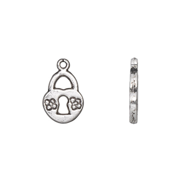 Charm, antique silver-plated "pewter" (zinc-based alloy), 14x11mm double-sided lock with flower design. Sold per pkg of 50. image number 0