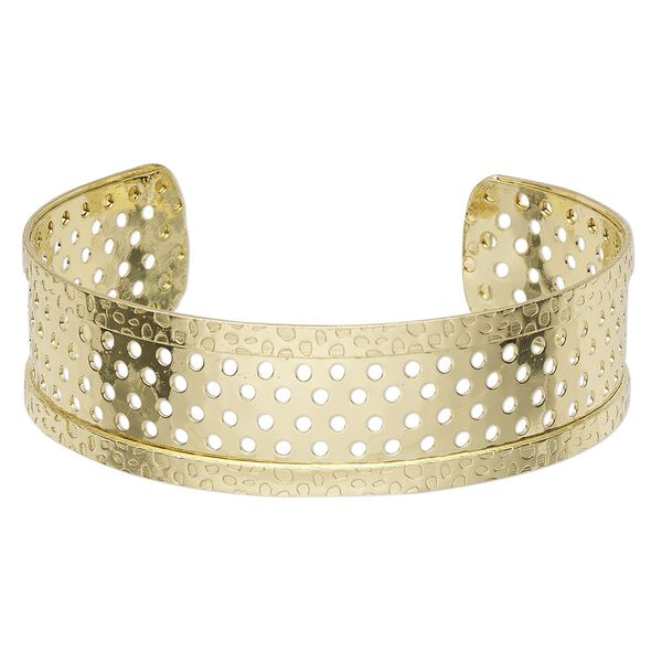 Bracelet, cuff, gold-finished steel, 18-19mm wide with cutout design and 155 holes, adjustable from 7 to 7-1/2 inches. Sold individually. image number 0