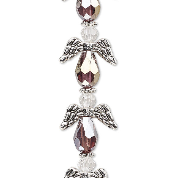 Bead, crystal and antique silver-plated "pewter" (zinc-based alloy), translucent medium purple AB and clear, 17x14mm angel. Sold per pkg of 6. image number 0