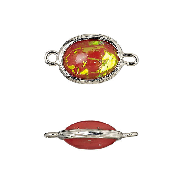 Link, Opalized Ice™, "opal" (resin) and imitation rhodium-finished brass, opaque orange, 16x12mm double-sided oval. Sold per pkg of 4. image number 0