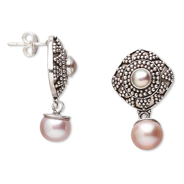 Earring, cultured freshwater pearl and sterling silver, mauve, 28mm with 17mm diagonal square and post. Sold per pair. image number 0