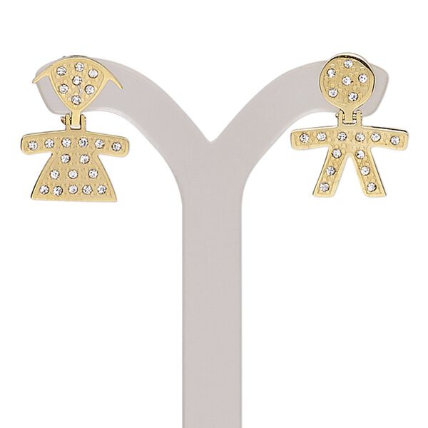Earring, glass rhinestone and gold-finished stainless steel, clear, 20mm with boy and girl with post. Sold per pair. image number 0
