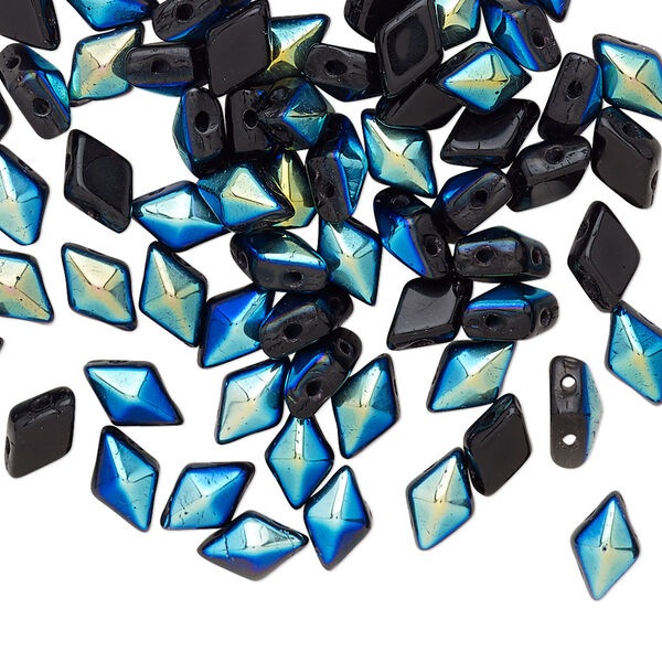 Bead, DiamonDuo™, Czech pressed glass, opaque jet AB, 8x5mm faceted diamond with flat back and (2) 0.7-0.8mm holes. Sold per 50-gram pkg, approximately 350 beads. image number 0