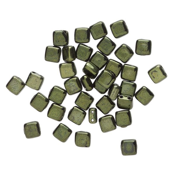Bead, Preciosa, Czech pressed glass, opaque dark olive luster, 6x6mm flat square with (2) 0.7mm holes. Sold per pkg of 40. image number 0