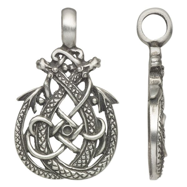 Pendant, antiqued pewter (tin-based alloy), 48x29mm single-sided teardrop with dragon design and 6.5mm hole. Sold individually. image number 0
