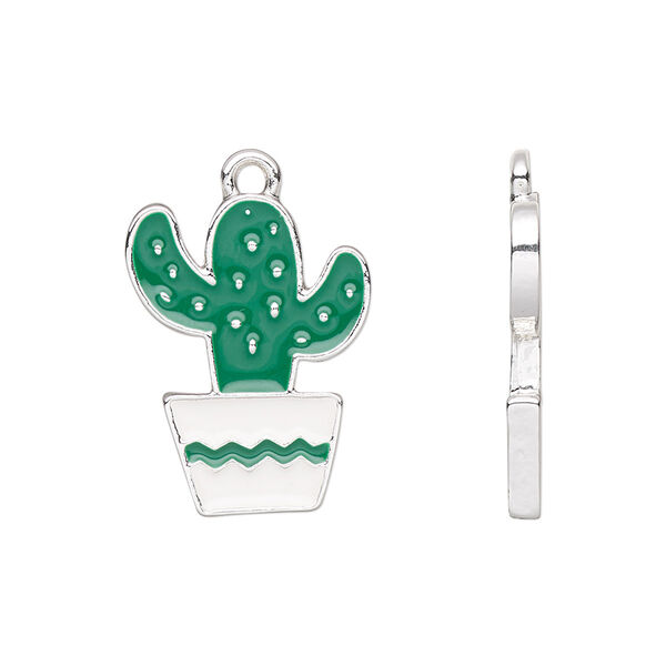 Charm, enamel and silver-finished pewter (tin-based alloy), white / green / turquoise blue, 21x16mm potted cactus. Sold per pkg of 2. image number 0