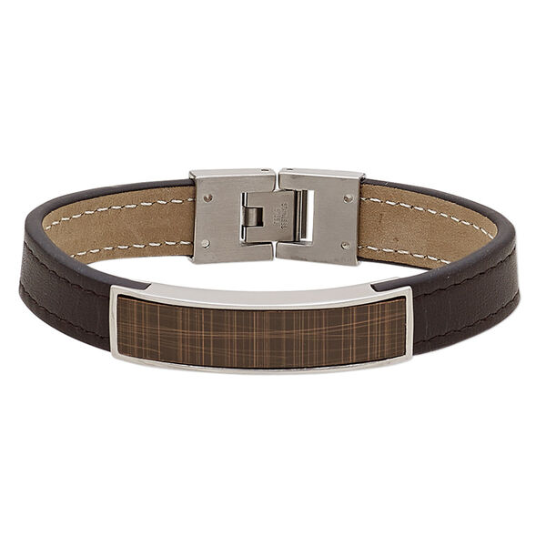 Bracelet, leather (dyed) with stainless steel and antiqued copper, brown, 13mm wide with scratched design and 45x13mm curved rectangle, 6-1/2 inches with fold-over clasp. Sold individually. image number 0