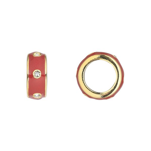 Bead, Dione®, enamel / crystals / gold-finished "pewter" (zinc-based alloy), red and crystal clear, 14x5.5mm rondelle. Sold individually. image number 0