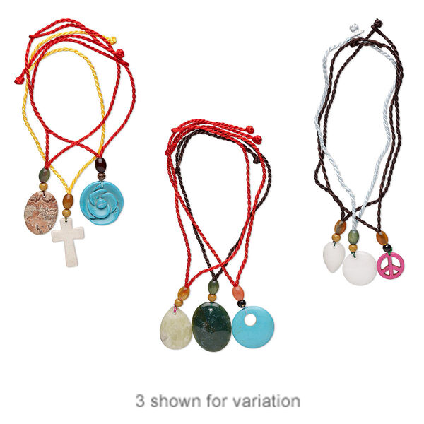 Necklace mix, multi-gemstone (natural / dyed / stabilized) and nylon, multicolored, 7-44mm mixed shape, 16-18 inches with slip knot closure. Sold per pkg of 3. image number 0