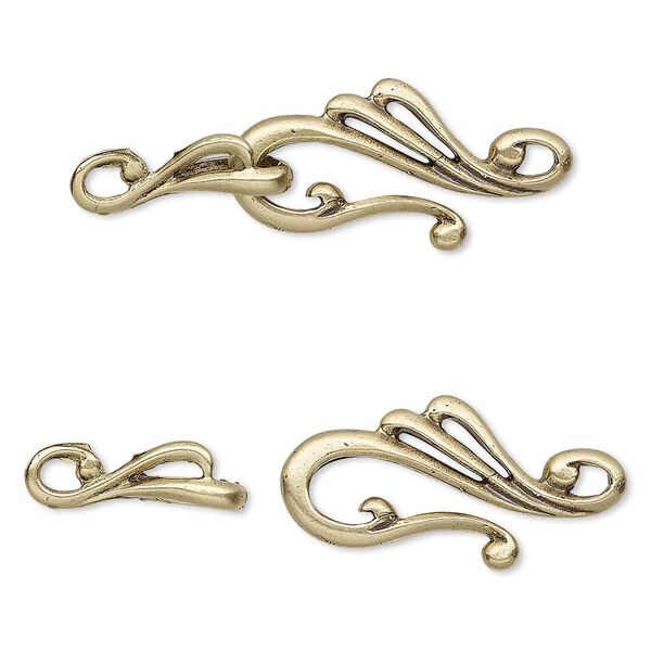 Clasp, hook-and-eye, antiqued brass, 39x13mm swirl. Sold individually. image number 0