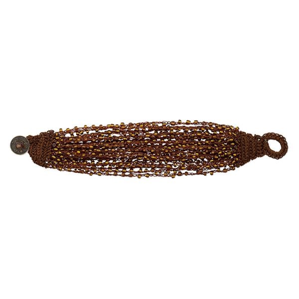 Bracelet, 22-strand, nylon / glass / antique brass-plated "pewter" (zinc-based alloy), brown and silver-lined bronze, 35mm wide with woven design, 6-1/2 inches with Chinese coin replica button clasp. Sold individually. image number 0