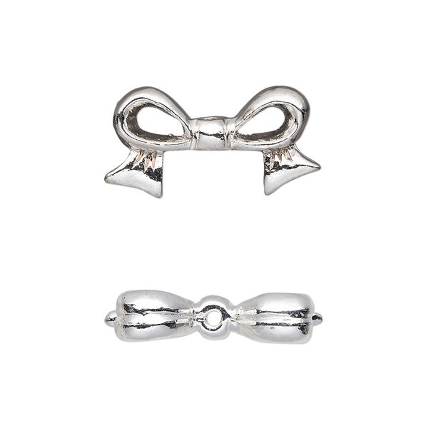 Bead, pewter (tin-based alloy), pkg/1, silver plate, 22x12mm double-sided bow, fits 10mm cube. image number 0